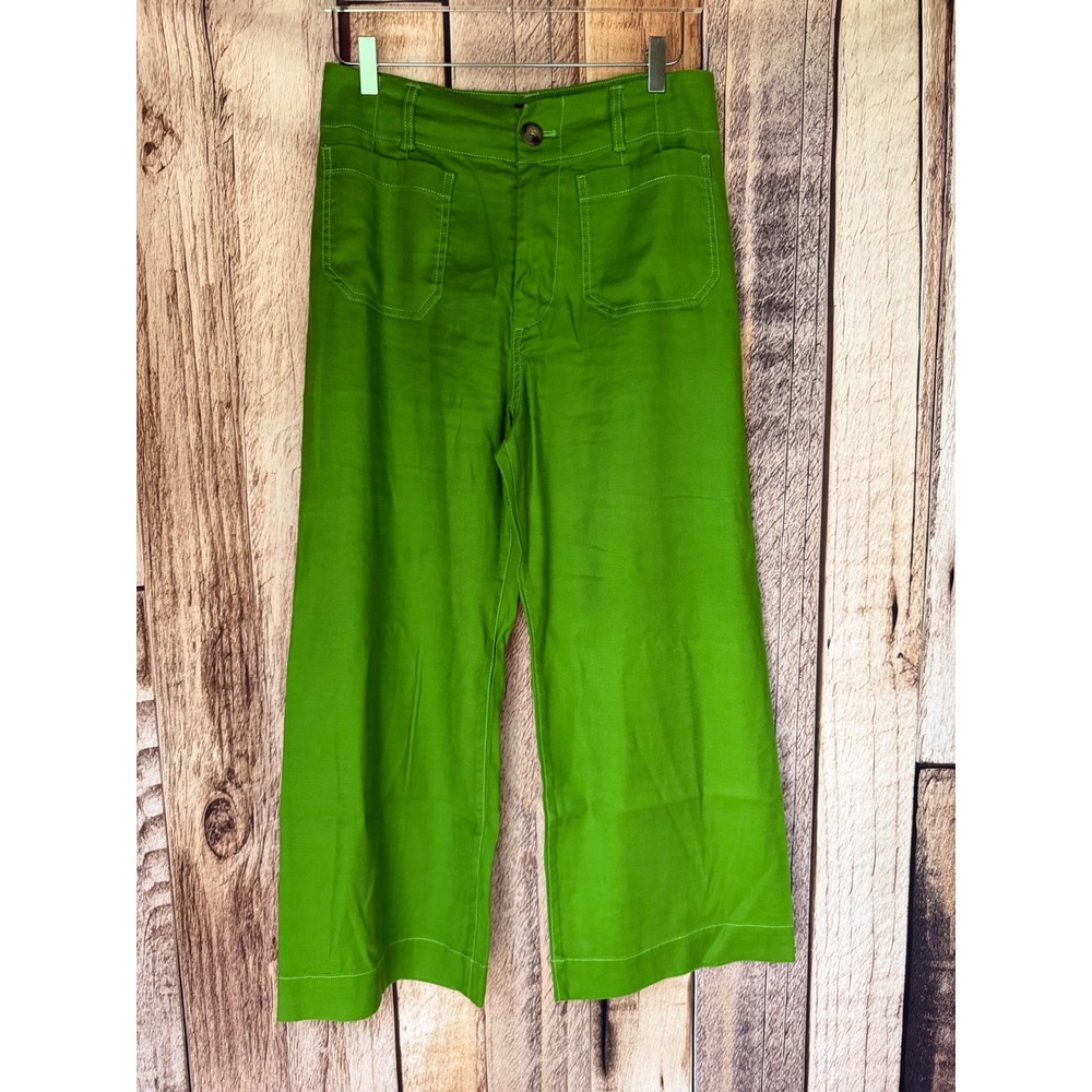 Maeve The Colette Cropped Wide Leg Linen Blend Pants Green Minimalist Size 29